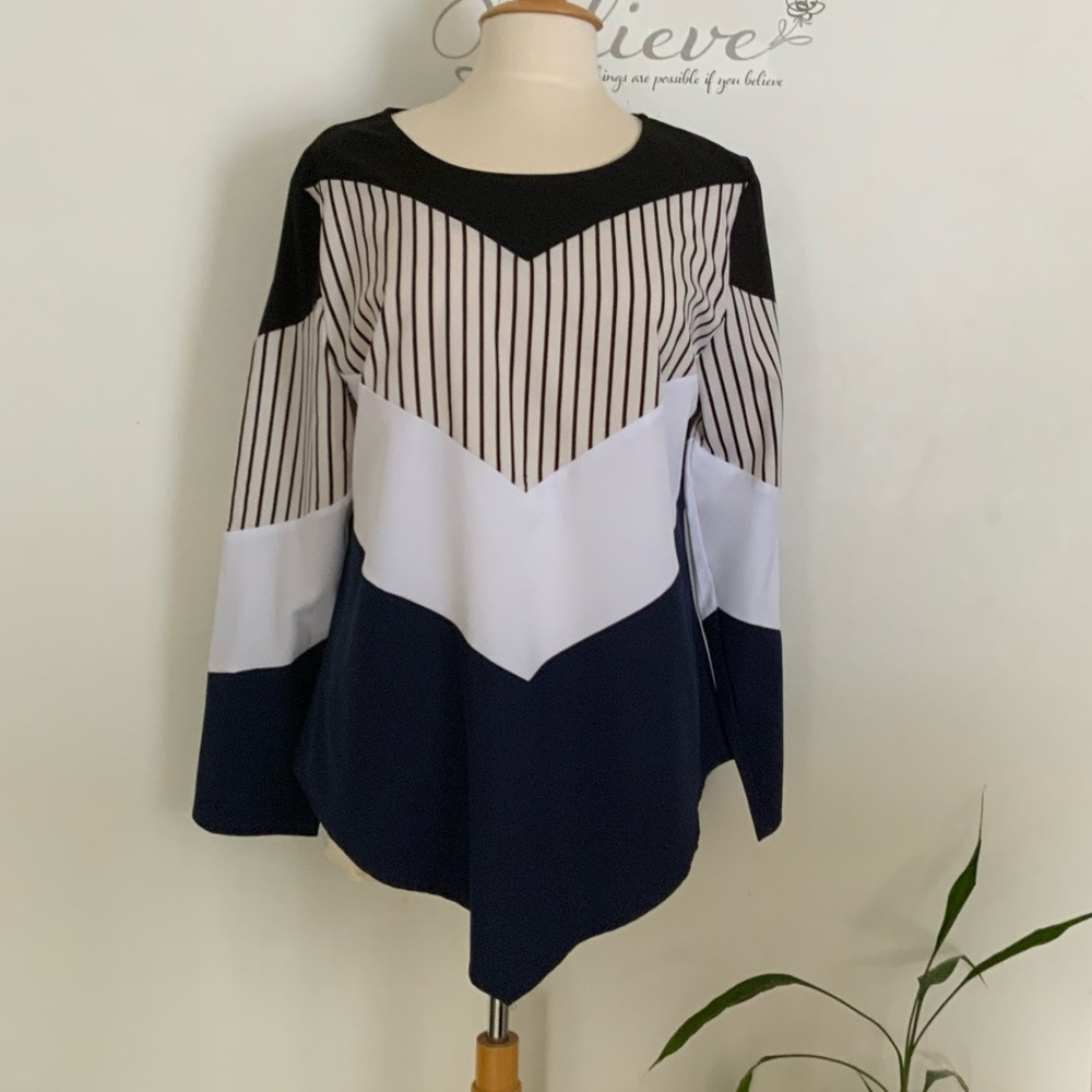 Chevron Print Asymmetric Hem long sleeve Blouse